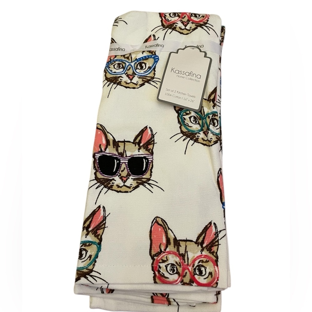 NWT Cool Glasses Cats 2 Kitchen Towel Set